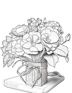 a drawing of flowers in a vase on top of a book with a ribbon tied around it