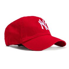 a red new york yankees hat on a white background