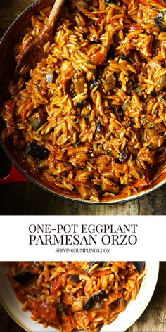 one pot eggplant parmesan orzo in a skillet