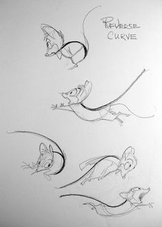 three drawings of mice in various poses on a sheet of paper with the words mouse curve