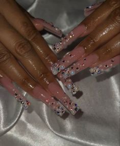 Long Nails With Pearls, Pearl Junk Nails, Acrylic Nails With Pearl Stones, Nails With Pearls, Pink Ombre Nails, Ombre Acrylic Nails, Gel Nails Diy, Exotic Nails