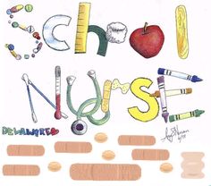 a drawing of the word nurse written in pencil and crayons with an apple on top