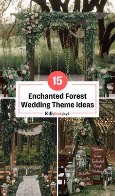 an outdoor wedding with flowers and greenery on the aisle, surrounded by wooden chairs