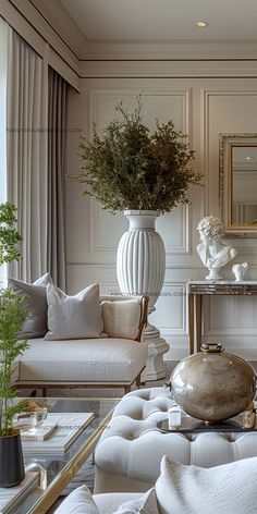 a living room filled with furniture and a large mirror