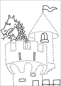 a drawing of a dragon flying over a castle with a flag on it's roof