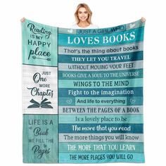 a woman holding up a blanket with the words love's books in different languages