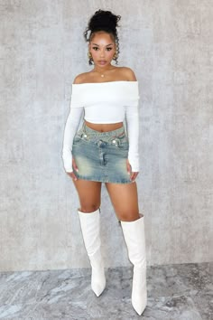 Mini Skirt With Heels Outfit, Demin Outfit Ideas, Skirt And Long Boots, Long Sleeve With Skirt, Design Skirt, Denim Skirt And Top Outfit, Cut Offs, Chris Brown Concert Outfit Ideas Baddie, Anniversary Outfits Black Women