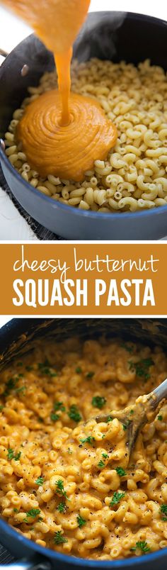 cheesey butternut squash pasta in a skillet and then topped with parsley