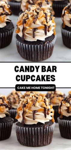 chocolate cupcakes with caramel drizzle and candy toppings on top