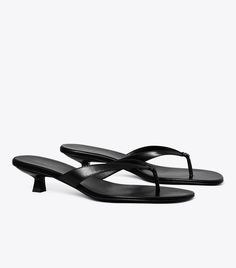 Capri Low Heel Sandal: Women's Designer Sandals | Tory Burch Classic Leather Kitten Heels With Single Toe Strap, Pointy Flats, Summer Items, Leather Duffel Bag, Plastic Heels, Platform Flip Flops, Classy Shoes, Tory Burch Sandals, Low Heel Sandals