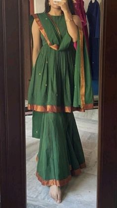 Green Kurti, Green Sharara, Trendy Outfits Indian, Kurta Sharara, Lehenga Designs Simple, Simple Kurta Designs, Kurti Set