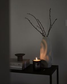 a candle is lit on a table next to a vase with branches in it and books