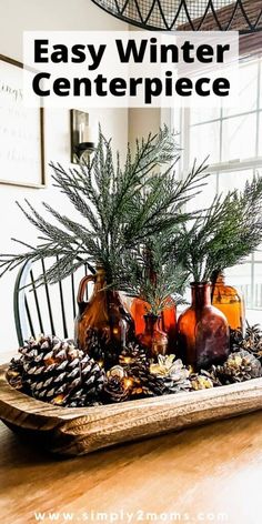 a tray filled with pine cones and bottles