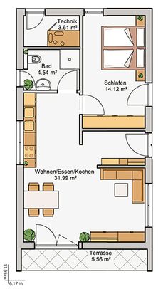 the floor plan for a small apartment with two beds and one living room, which is divided