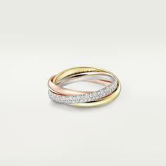 Cartier - Trinity ring, small model - Ring Gold/White gold/Gold - Trinity ring, small model, 18K white gold (750/1000), 18K rose gold (750/1000), 18K yellow gold (750/1000), set with 104 brilliant-cut diamonds totaling 0.46 carats. Width of one ring: 2.5 mm (for size 52). Please note that the carat weight, number of stones and product dimensions will vary based on the size of the creation you order. For detailed information please contact us. Gold Trinity Ring, Trinity Necklace, Trinity Ring, The Trinity, Family Jewels, Wedding Rings Vintage, Hand Jewelry, One Ring, Cartier Ring