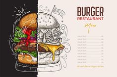 a burger restaurant menu with hand drawn graphics