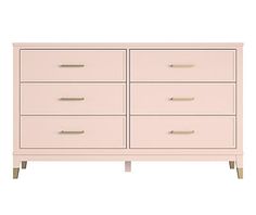 a white dresser with gold handles and drawers on it's sides, against a white background