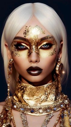 Gold Goddess Makeup, Cyberpunk Makeup, Pumpkin Spice Hair, Futuristic Makeup, Goddess Makeup, Halloween Hairstyles, Gold Makeup Looks, Portrait Abstract, A Daily Routine