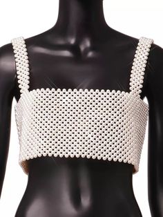 Pearl crop top with an adjustable ribbon bow. Pearl Top Outfit, Pearl Crop Top, Pearl Shirt, Pearl Purse, Beaded Crop Top, Pearl Top, Top Pearl, Pearl Jewelry Design, Fashion Design Patterns