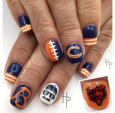 Love these Chicago Bears nail design Chicago Bears Nails Art, Chicago Bears Nails, Sports Nail Art, Nfl Nails, Football Nail Designs, Football Nail Art, Country Nails