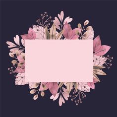 a square frame with pink flowers and leaves on a black background, in the center is an empty space for text