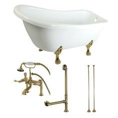 a white bath tub sitting next to a faucet and two brass fittings