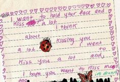 a piece of paper with writing on it that says i miss you and two ladybugs