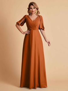 Material: Chiffon, pongee Silhouette: A-line Neckline: V-neck Length: Floor-length Embellishment: Pleats Straps: Strapless Sleeve: Half Sleeves Back Style: Zipper Fully Lined: Yes Built-In Bra: No Boning: No Size: General, Plus, Junior Model's Dress Size: US2 - Bust 33'', Waist 26.5'', Hip 36.5'', Height 69'' with shoes. Please keep difference less than 1''. It's usually better to do Custom size if the sizes differ too much. Please note that the pleats and ruched parts will become out of shape I Solid V-neck Chiffon Dress, Elegant Orange V-neck Dress, Orange Chiffon Evening Dress, Solid Chiffon V-neck Dress, Elegant Orange Chiffon Maxi Dress, Fitted Orange Chiffon Maxi Dress, Flowy Solid Chiffon V-neck Dress, Flowy Solid Chiffon Dress With V-neck, Solid Color Flowy V-neck Chiffon Dress