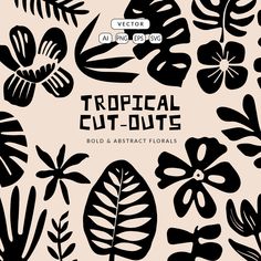 tropical cut - outs with black and white flowers, leaves and plants on a beige background