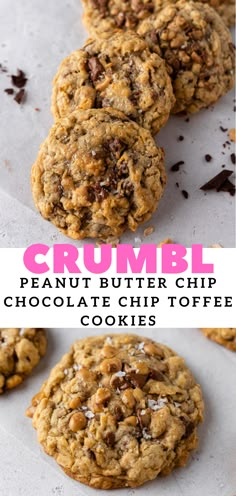 chocolate chip cookies with crumbl and peanut butter chips on top