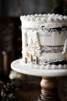 a white frosted cake sitting on top of a wooden table next to pine cones