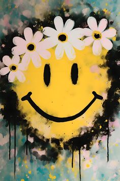 a painted smiley face with flowers in it's hair and dripping paint on the wall