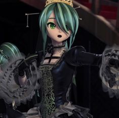 an animated character dressed in black and green hair, holding her arms out to the side