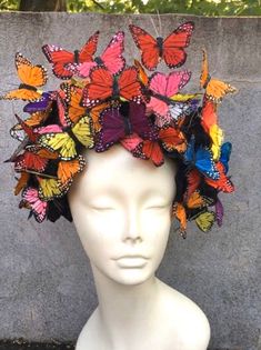 NYC Fascinator- Derby Hat -Monarch Headband- Butterfly Headpiece- Hair Accessory- Mad Hatter Party Hi. This butterfly headband/fascinator is made with multi color feather butterflies that are perched on a 5 black roses. The piece is about 7 inches high by 7 inches wide. Each butterfly is hand glued (wing by wing) in the back for extra support and makes it more durable than most butterfly headpieces. The fascinator is on a 1 inch matching covered headband that is adjustable to fit any head size a Butterfly Headpiece, Butterfly Headband, Styrofoam Head, Wedding Accessories For Bride, Headband Fascinator, Butterfly Costume, Mad Hatter Party, Mannequin Art, Derby Fascinator