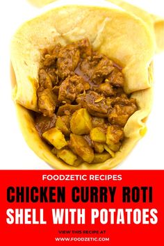 chicken curry roti shell with potatoes in a pita wrap on a red and white background