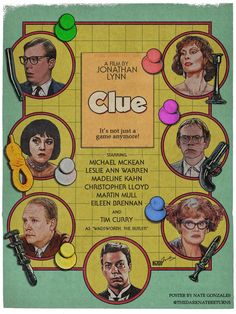 an old movie poster for clue with the characters in different roles on it's cover