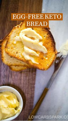 a piece of bread with butter on it next to a small bowl of mayonnaise