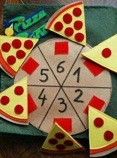 a close up of a piece of paper with pizza slices on it and numbers in the middle