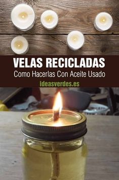 a jar filled with candles sitting on top of a wooden table