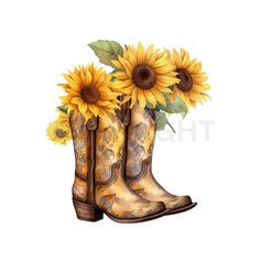 sunflowers in cowboy boots with leaves on the bottom and one flower sticking out of it