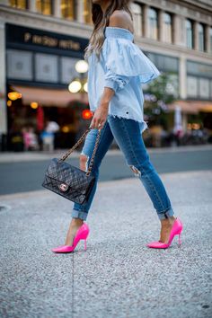 Pink Pumps Outfit, Pink Heels Outfit, Pink Shoes Outfit, Neon Pink Heels, Hot Pink Shoes, Pumps Outfit, Neon Prom Dresses, Hot Pink Heels, Denim Heels