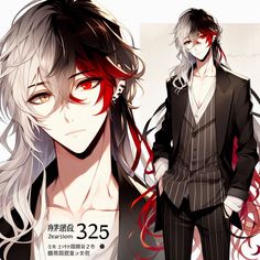 an anime character with white hair and red eyes wearing a black suit, standing next to another character