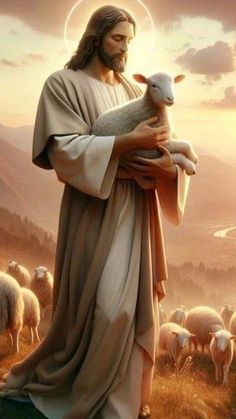 a painting of jesus holding a lamb in his arms