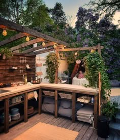 an outdoor kitchen with lots of potted plants on the outside wall and wood flooring