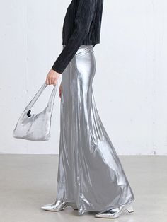 Details: Maxi skirt with reflective fabric design Skirt Length: Long Materials:95% Polyester + 5% Spandex Silver Skirt, Body Con Skirt, Vintage Elegant, Fashion Seasons, Type A, Evening Dresses Prom, Street Style Outfit, Types Of Skirts, 8 M