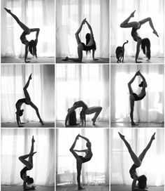 a woman doing yoga poses in front of a window