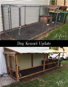 before and after photos of a dog kennel with the roof torn off to reveal an enclosure