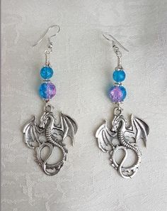 Gorgeous Dragon Charm and Blue Pink Bead Earrings. £6.00 Handmade Earings, Summer Jewellery, Unusual Earrings, Costume Earrings, Earring Ideas, Silver Dragon, Pink Beads, Unusual Gifts, Bead Earrings