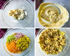 four pictures show different types of food in glass bowls, including pasta and sauces