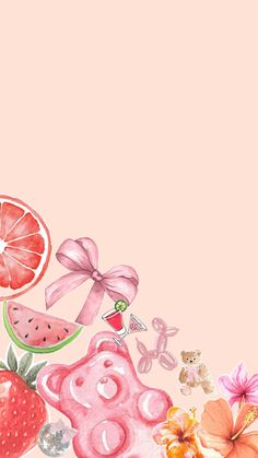 a watermelon, strawberry and other fruits on a pink background